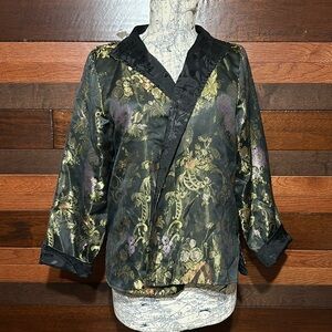 Vintage Resort Wear North Open Front Long Sleeve Black Floral Tapestry Blazer